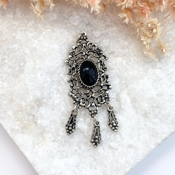Black Onyx Adorned Vintage Sterling Silver 925 Statement Pendant - Picture 1 of 7